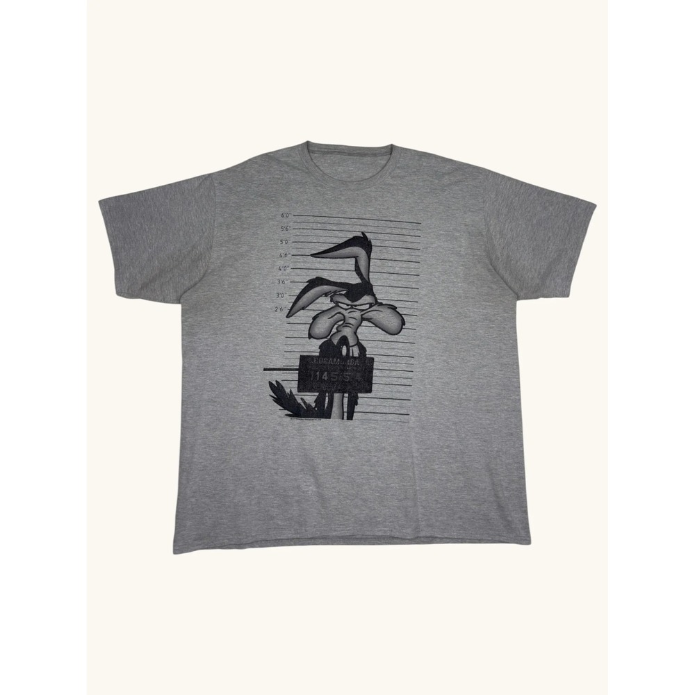 Looney Tunes Wile E Coyote Mugshot Graphic T-Shirt Gray Mens Size 2XL XXL
